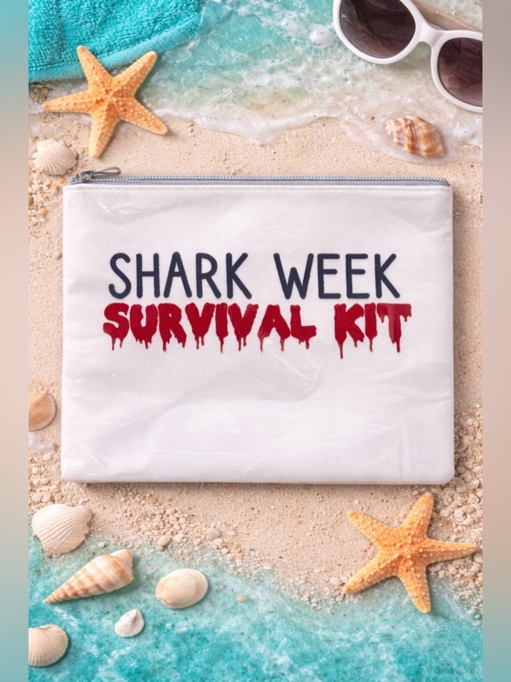 Shark Week Survival Kit Cosmetic Bag Funny Graphic Zip Pouch
